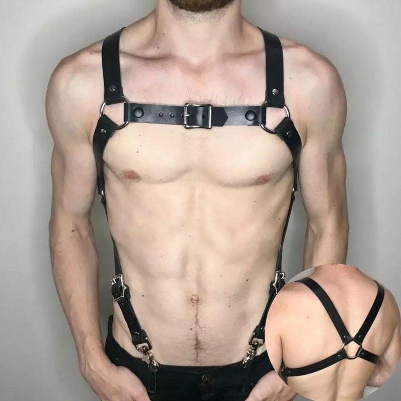 Fetish Men Leather Chest Harness Suspenders Bondage Body Shoulder Harness Belts Strap